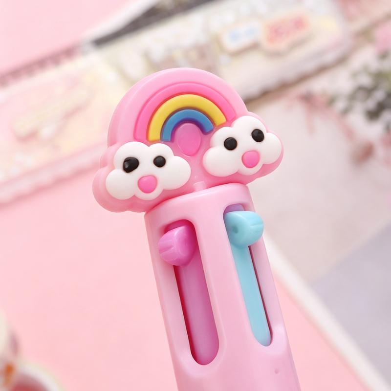 23Pcs Random Cartoon Cute Rainbow Cloud Topper Four-Color Ballpoint Pens, Portable Multifunctional Writing Pens,Office&Student Stationery