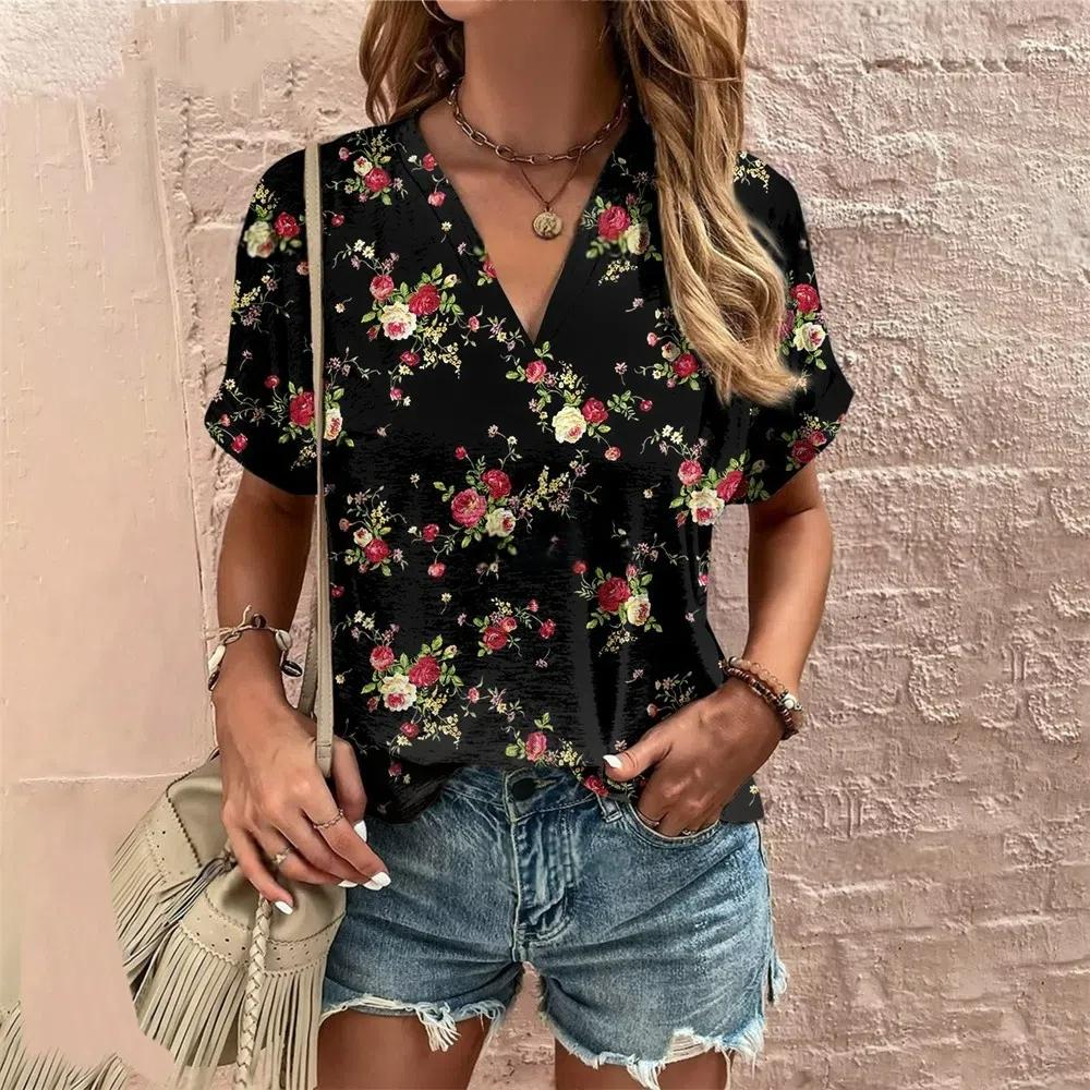 S-8XL Plus Size Crushed Flower Casual T Shirts Streetwear Casual Women's Short Sleeve Tops Tees V Neck T-shirt Fashion Clothing