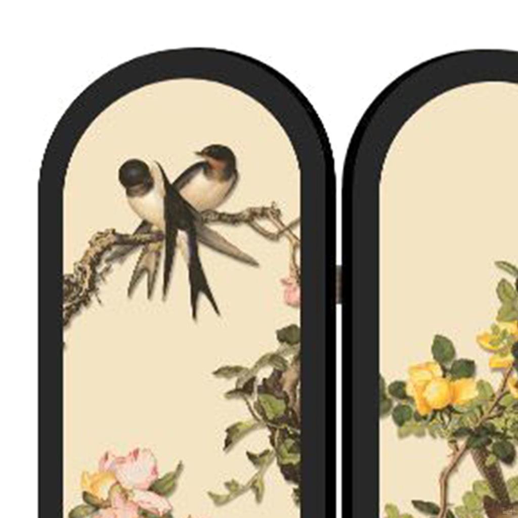 Kinesisk Design Mini Skärmprydnad 3-delad Skiljevägg Liten Bordsdekoration Fågel- och Blomtryck för