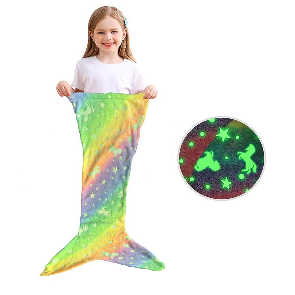 2026 New Night Glow Cartoon Rainbow Unicorn Mermaid Tail Blanket Flannel Wearable Super Soft Glow Gifts for Girls All Seasons