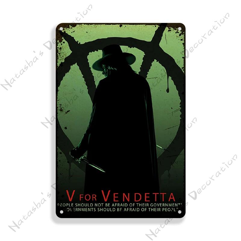 V for Vendetta Classic Movie Decorative Plate Metal Plate Vintage Poster Metal Tin Sign Cafe Garage Wall Decor Metal Plaque