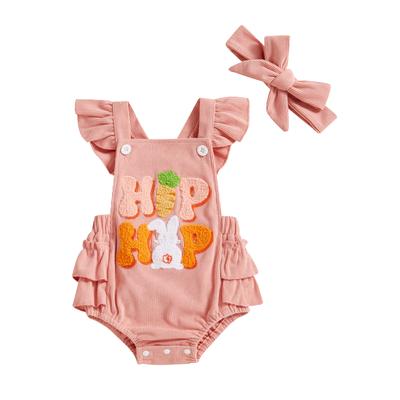 Baby Mädchen Strampler Osterkleidung Hase Buchstaben Stickerei Fliegenärmel Säuglingsbodys Jumpsuits mit Stirnband