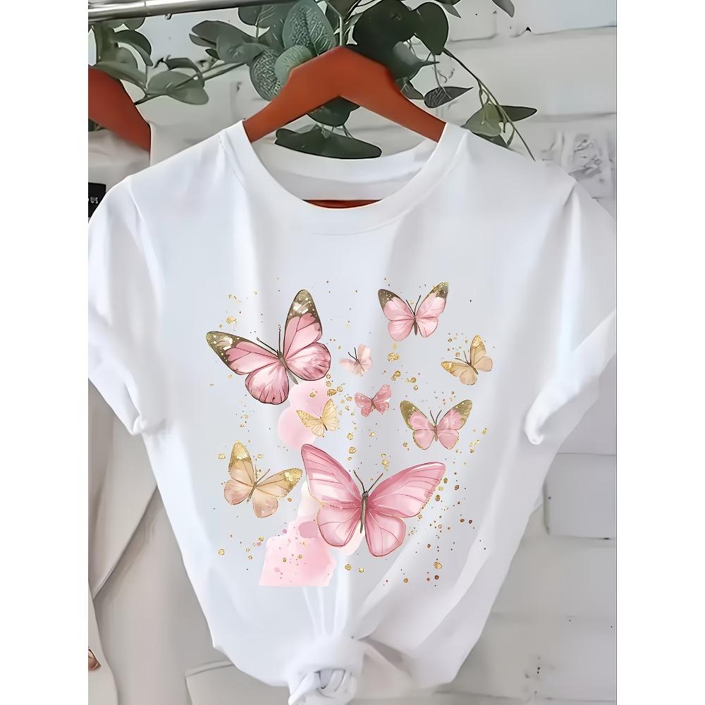 

Butterfly Print Short Sleeve T-Shirt - Round Neck Casual Summer Blouse -ic Top Suitable for Spring/Summer Wear S