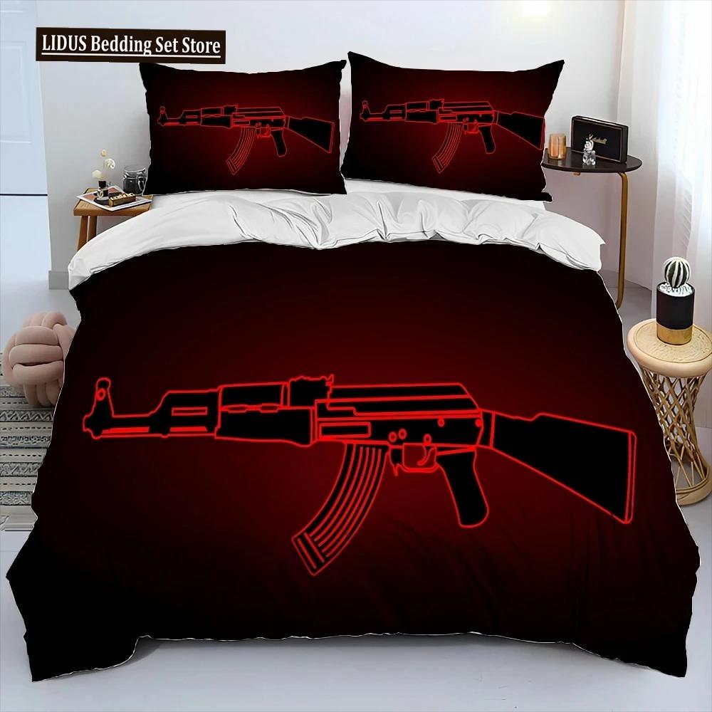 3D Gevär Revolver Patron Vapen Täckset Sängkläder, Påslakan Sängset Quiltöverdrag Örngott, King Queen Storlek Sängklädesset