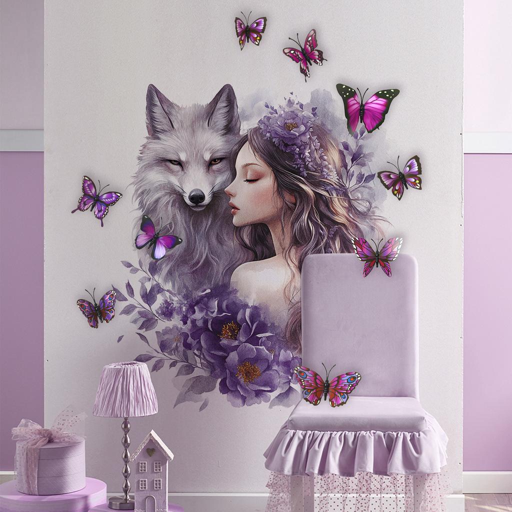 3D Wolf Wandsticker Schmetterling Blumen Fee Wandkunst Aufkleber für Mädchen Schlafzimmer Baby Kinderzimmer Dekor