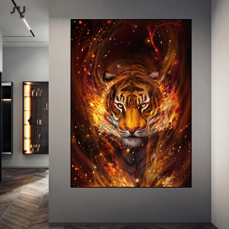 Tiger Fire Posters and Prints Abstract Animal Pictures Wall Art For Living Room Canvas Painting Cuadros Home Decor No Frame