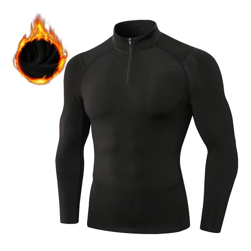 Men's Autumn Winter Fleece Fitness Clothes High Elastic Compression Sports Running Training Long Sleeve Warm Stand Collar Sweatshirt