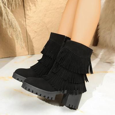 Bohemian Quaste Einfarbig Schwarz Wildleder Stiefel Damen Herbstmode Hoher Absatz Seitenreißverschluss Mid-Calf Stiefeletten Rutschfest Klobige Plateau-Stiefel