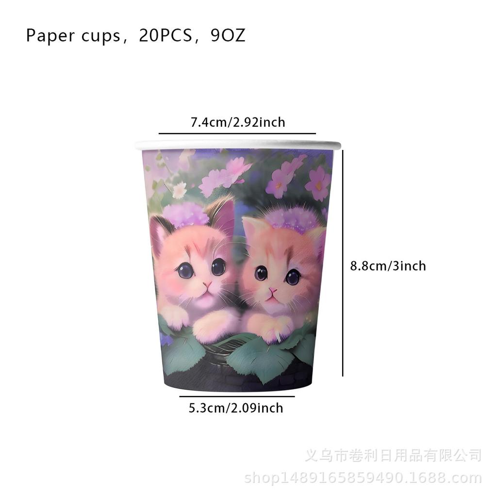 Cat Flower Theme Party Supplies Cat Party Tableware Disposable Paper Plates Paper Cups Paper Towels
