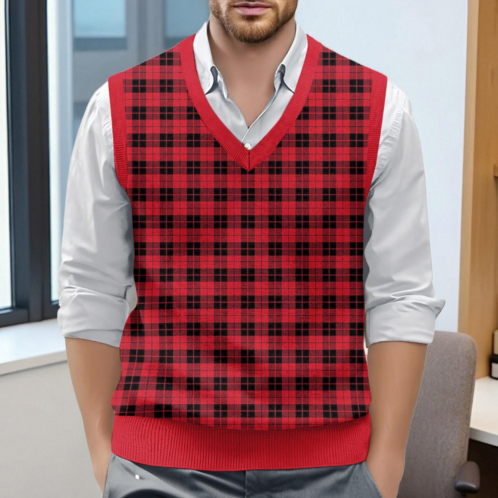 

Мужской жилет без рукавов с клетчатым принтом и V-образным вырезом, вязаный джемпер M красный