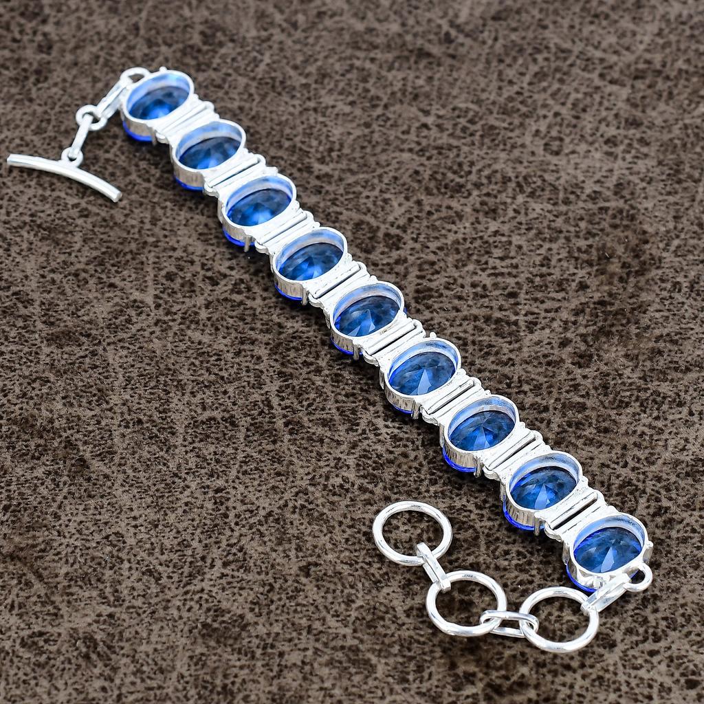 Blue Topaz Gemstone Handmade 925 Sterling Silver Bracelet 7-8" KKG-149