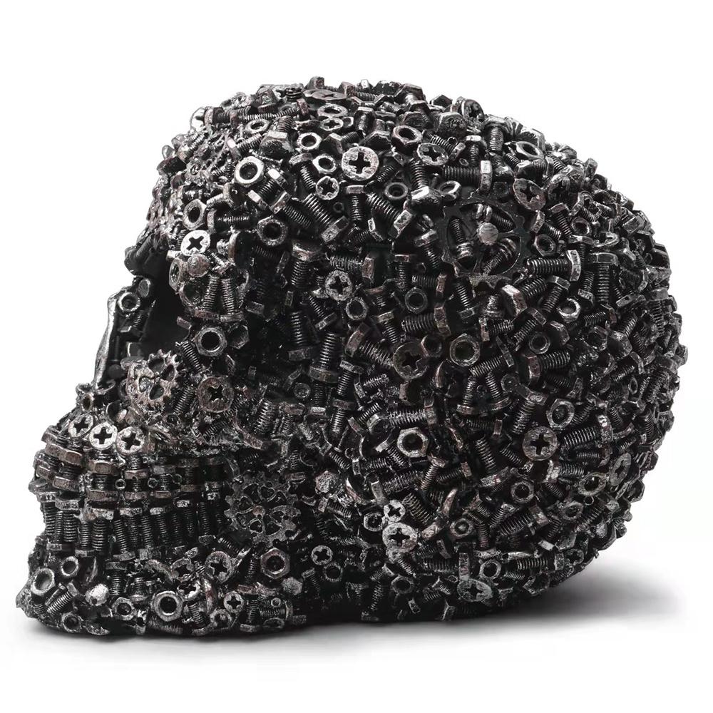 Creative Craft Skull Flowers Sculpture Horror Screw Gear Mechanical Style Statue Home Halloween Skeleton Head Decorative Crafts
