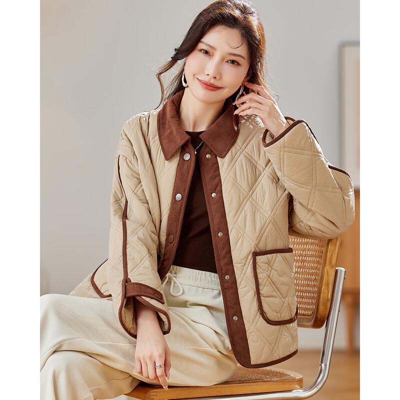 TERRE BLEUE Women's Diamond Color Block Corduroy Padded Coat