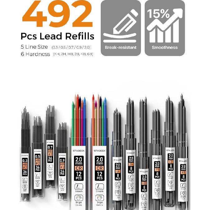 Mechanical Pencil Set with Case 37 Count, Drawing Pencils 0.3, 0.5, 0.7, 0.9MM & 2PCS 2MM Sketching Pencils with 492PCS Lead Refills (6B 4B 2B HB 2H