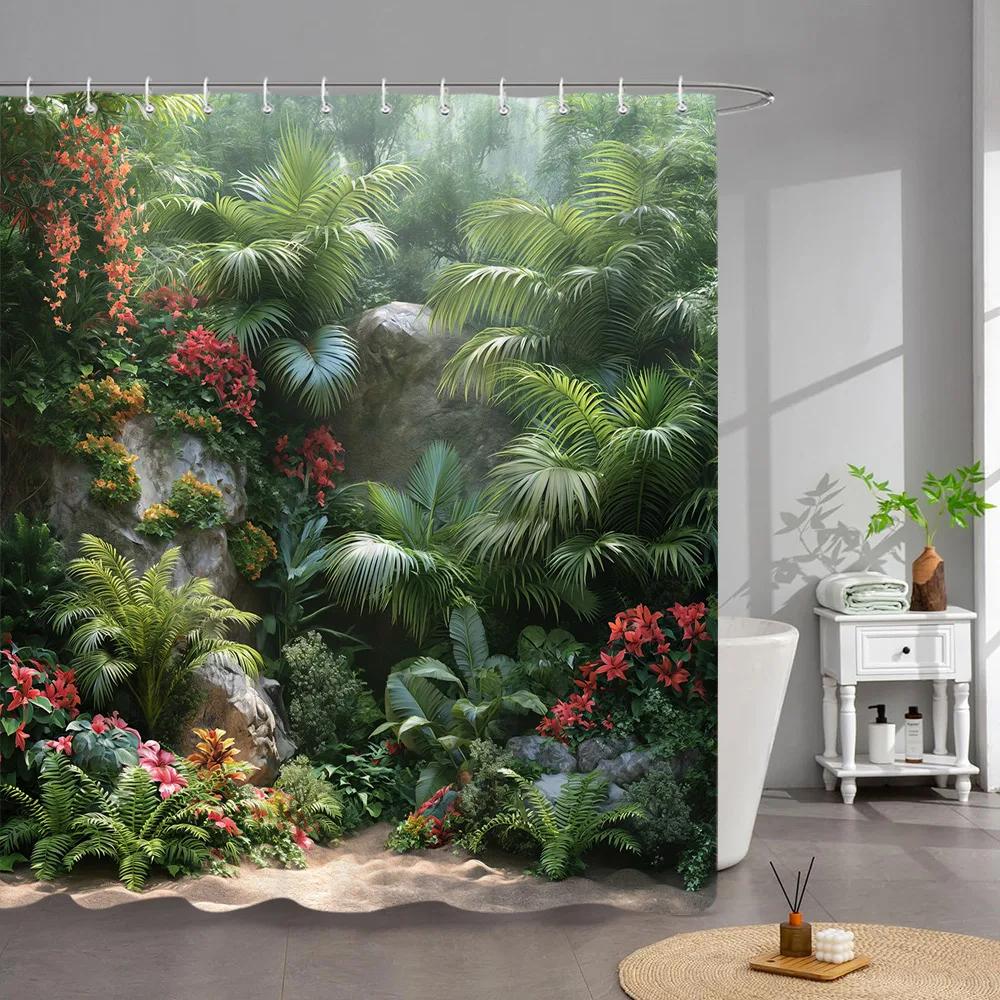 Outdoor Garden Poster Shower Curtain Vintage Window Wall Growing Floral Plants Polyester Fabric Shower Curta Bathroom Decor