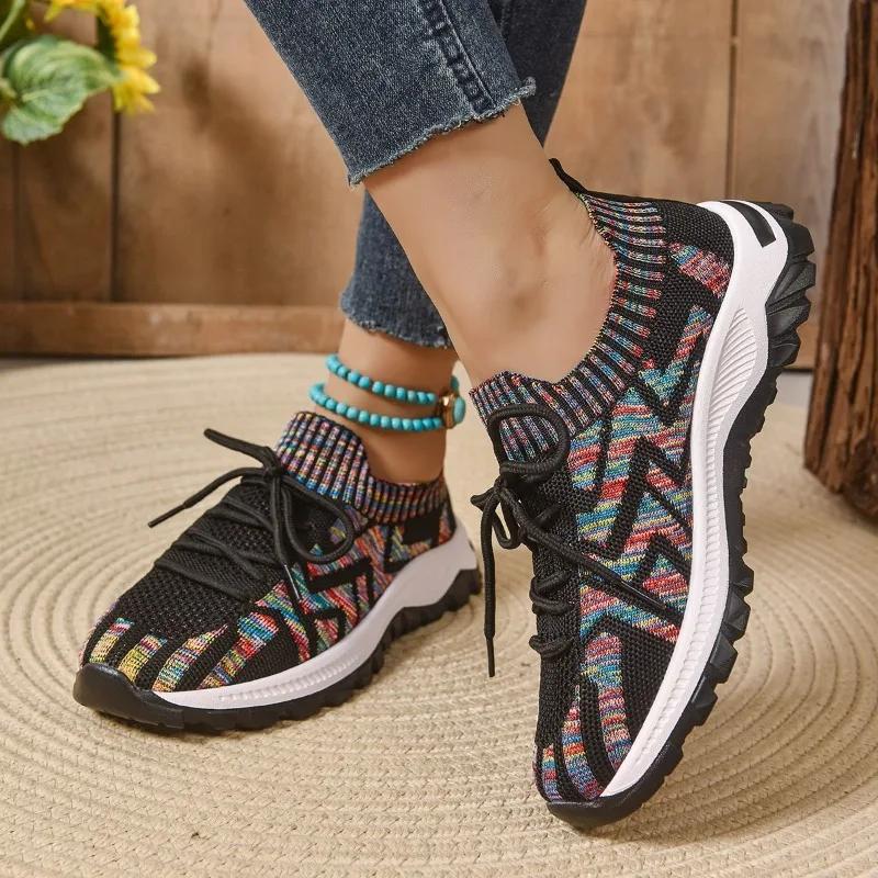 Fashion Ladies Shoes 2025 Outdoor Knitted Women's Vulcanize Shoes Breathable Women Sneakers Mixed Colors Low Heel Lace Up Casual Shoes