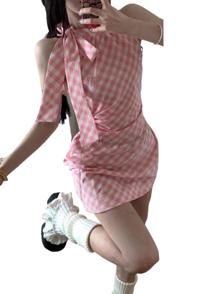 Pink Plaid Bow Neck Dress Women's Summer New Irregular Slim and Thin Sexy Hip Skirt