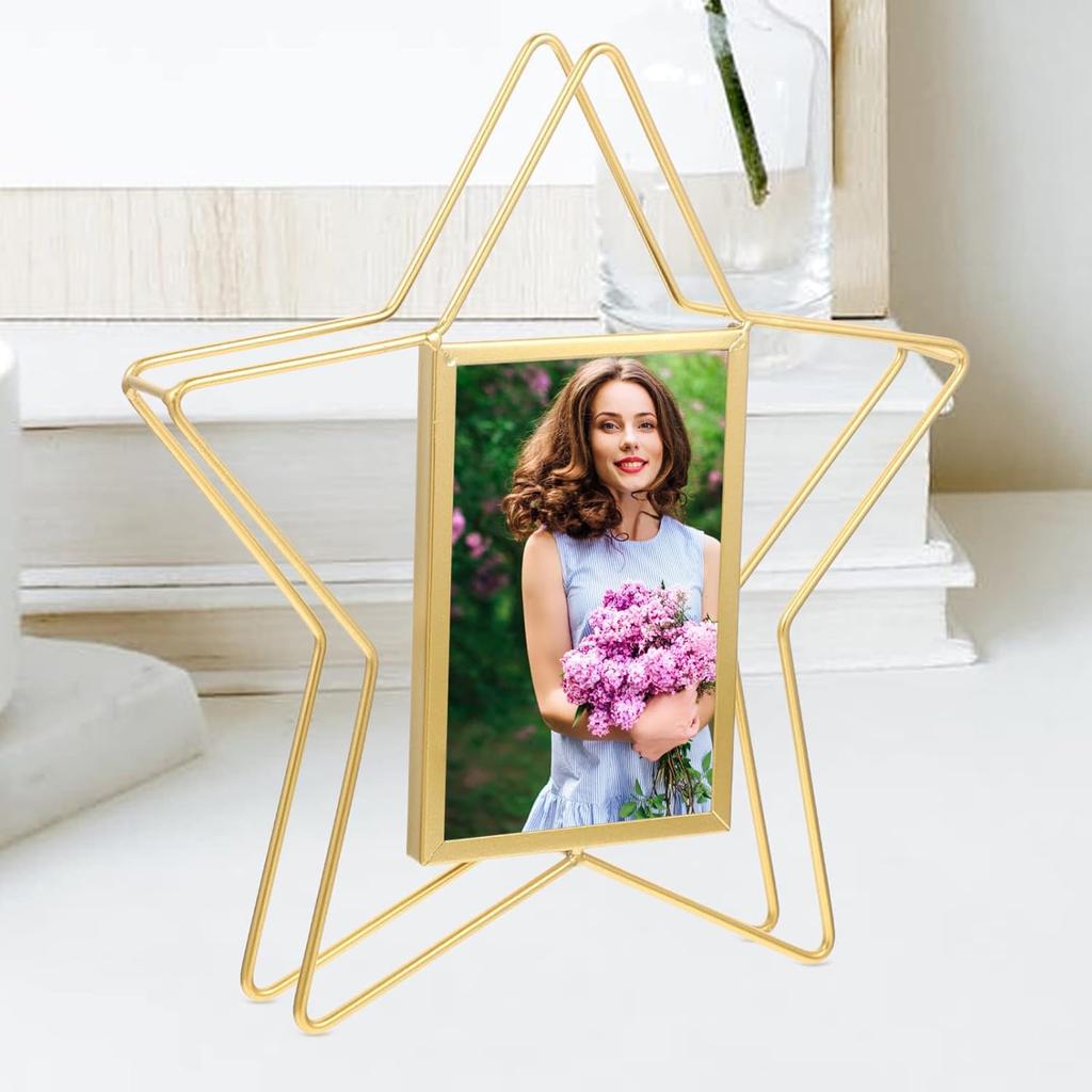 VOSAREA Vertical Photo Frame Star Shape Metal Wire Art Picture Frame Floating Picture Frames Rotatable Picture Display Frame Ideal for Housewarming