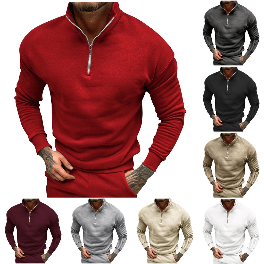 Men's Solid Color Plush Loose Half Zippered Standing Neck Hoodie Men's Casual Sports Hoodies