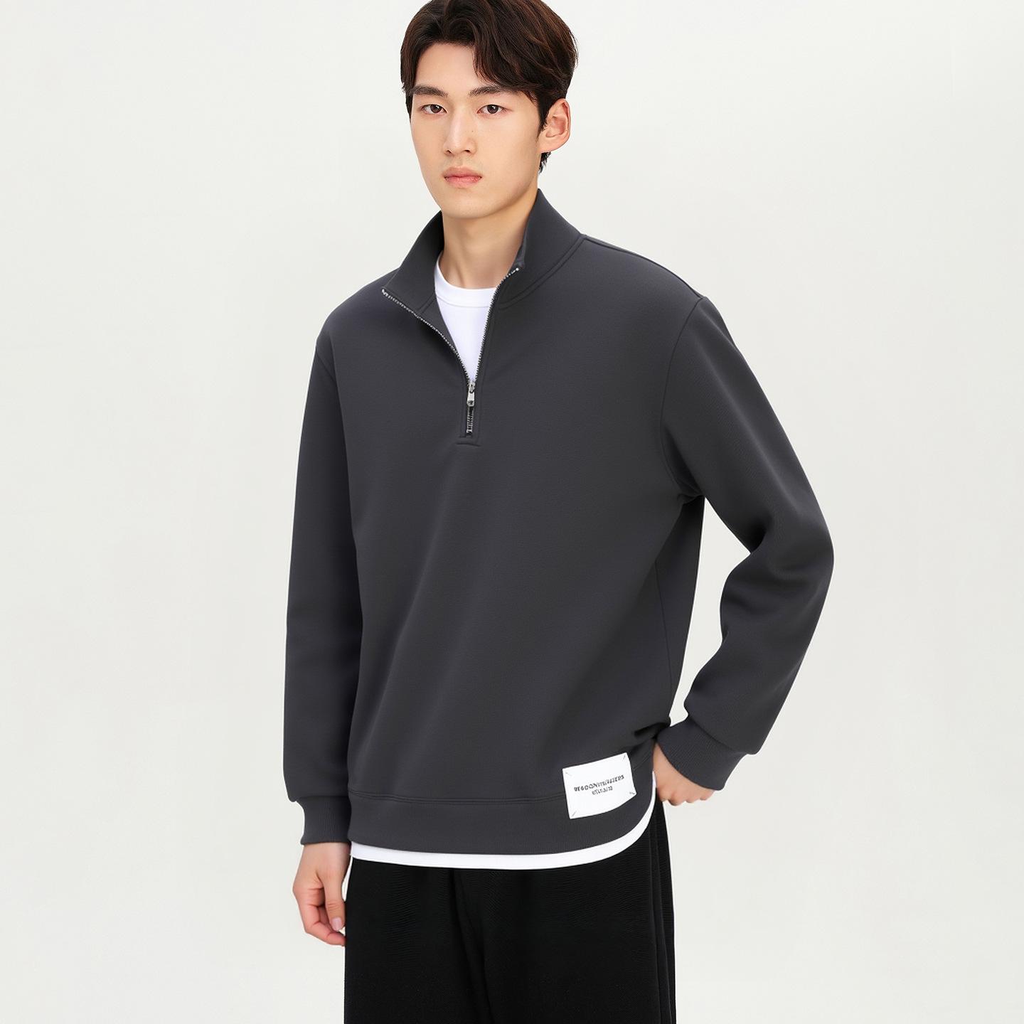 WOOG2005 Men s Solid Color Half-Zip Stand-Up Collar Hoodie - Loose Fit, Half-High Collar, Long Sleeve for Spring/Autumn 2025 XXXL