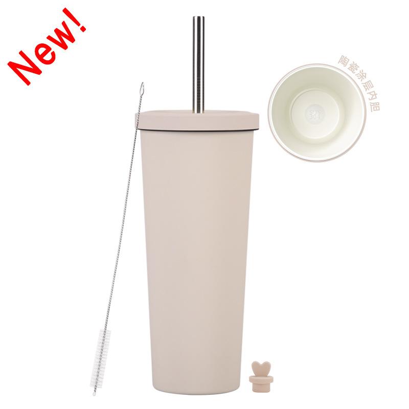 2025 Ceramic Liner Milk Tea Cup Large Capacity 830Ml Thermos Cup Stainless Steel Straw Cup