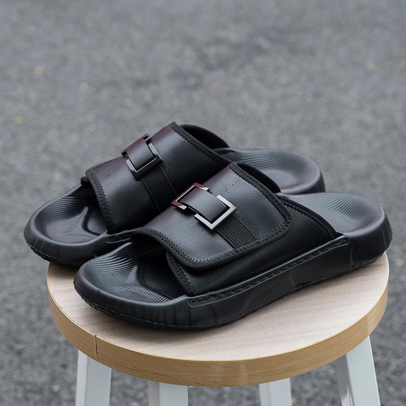 Summer new men's one-word drag men's drag high-end leather fashion outer wear shoes casual beach shoes men's thick soles