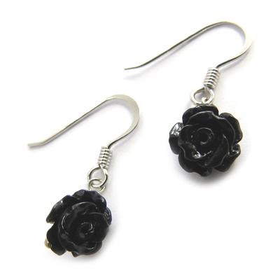 [N2981] - Black 'Rosa Romantica' Silver Earrings