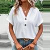 Women Fashion Casual Solid Color Button V Neck Short Sleeve T Shirt
