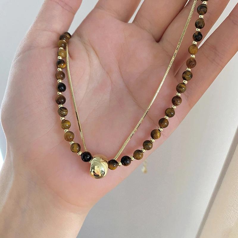 Maillard künstlicher Tigerauge-Stein doppellagige Halskette Retro leichter Luxus Mode Temperament Schlüsselbein Kette 2025 Neuheit Schmuck