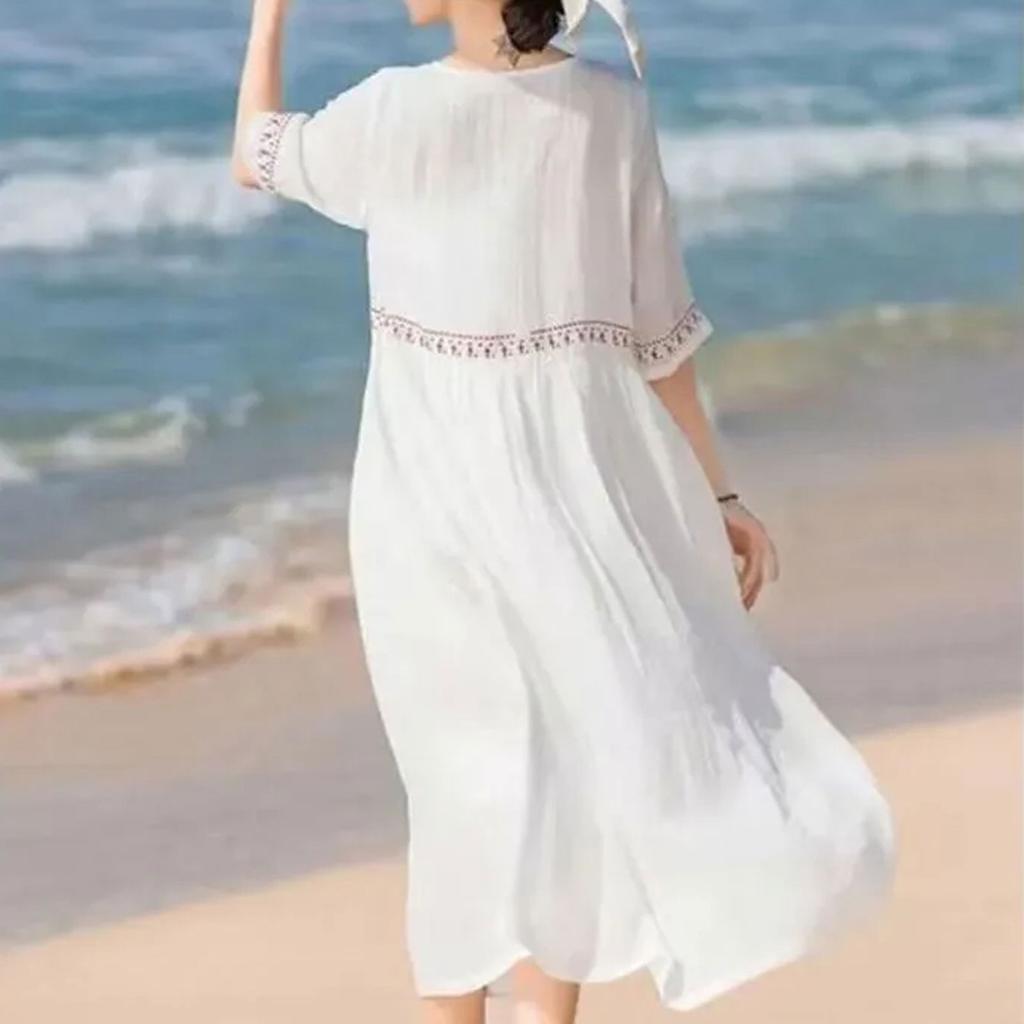 Damen-Kleid mit kurzen Ärmeln, einfarbig, Retro-Stickerei mit französischer Stickerei