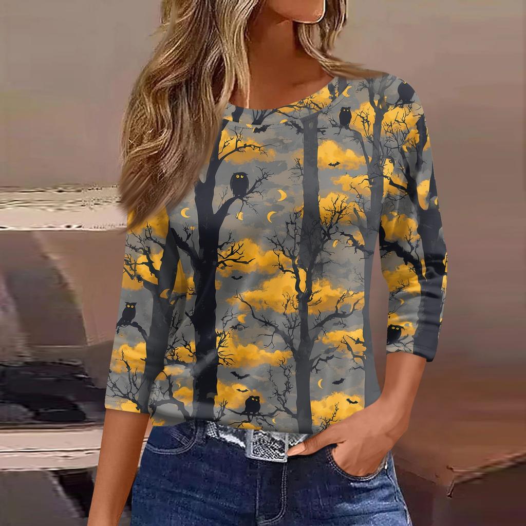 Women's Halloween Print T-Shirt Loose Fit Round Neck Three Quarter Sleeve Casual Shirt with Pumpkin and Bat Design for Seasonal Wear