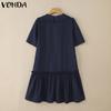 VONDA Elegant Women Casual Lapel Neck Short Sleeve Solid Color Ruffled Dress