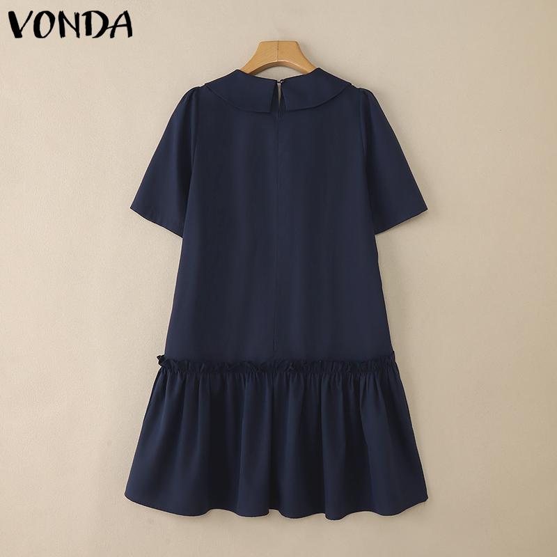 VONDA Elegant Women Casual Lapel Neck Short Sleeve Solid Color Ruffled Dress