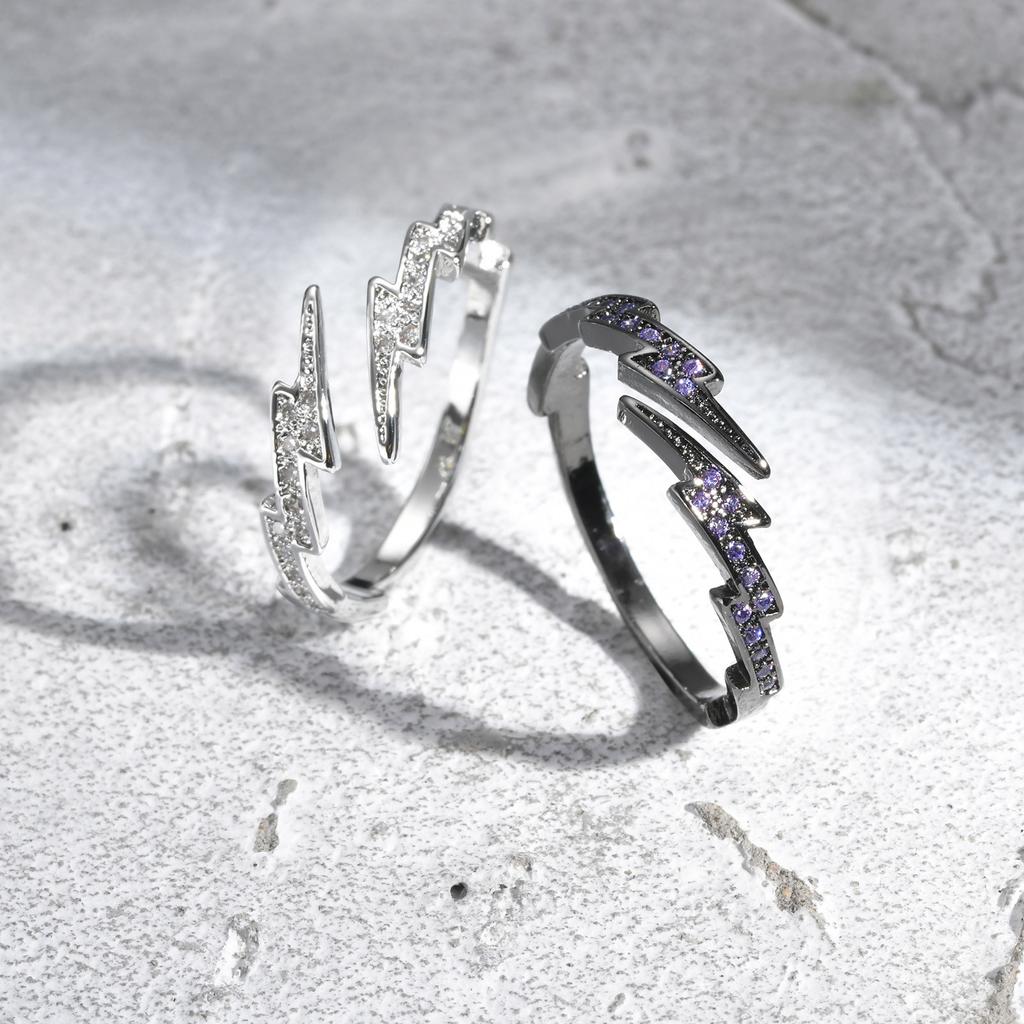 Hip Hop Zircon Lightning Open Rings for Men,Punk Metal Creative Adjustable Ring,Trendy Jewelry Gifts