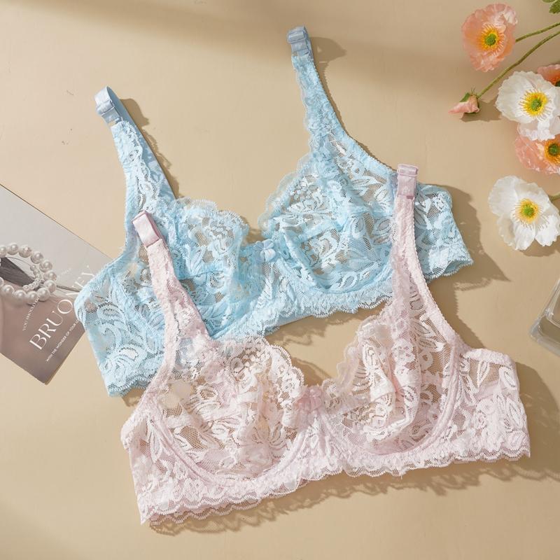 Plus Size Ultra-thin Lace Bras Women Sexy Exquisite Bras Non-padded Push Up Hollow Out Gathered Solid Underwear 34-40 B/C CUP
