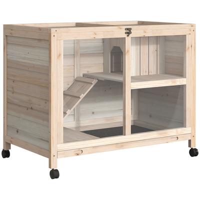 Small Animal Hutch with 2 Levels, 4 Wheels, Sealed Fir Wood, Natural
