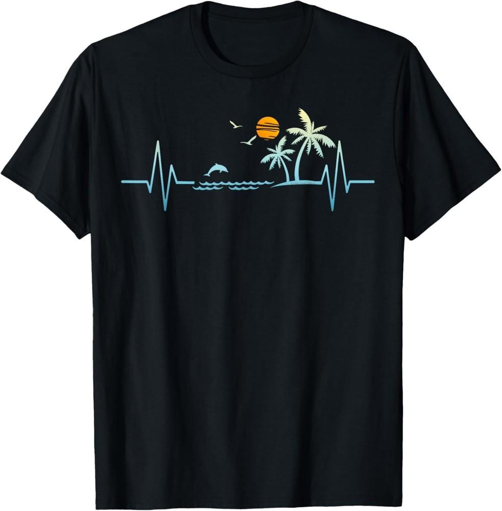 Heartbeat with Tropical Palm Trees Beach Island Sunset T-Shirt Unisex T-Shirt XXXL