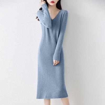 Women's Sweater Dress Fall Long Sleeve V Neck Ribbed Knit Split Long Dress Casual Bodycon Slim Fit Midi Dress