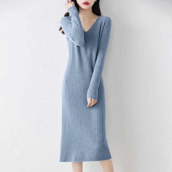 Women's Sweater Dress Fall Long Sleeve V Neck Ribbed Knit Split Long Dress Casual Bodycon Slim Fit Midi Dress