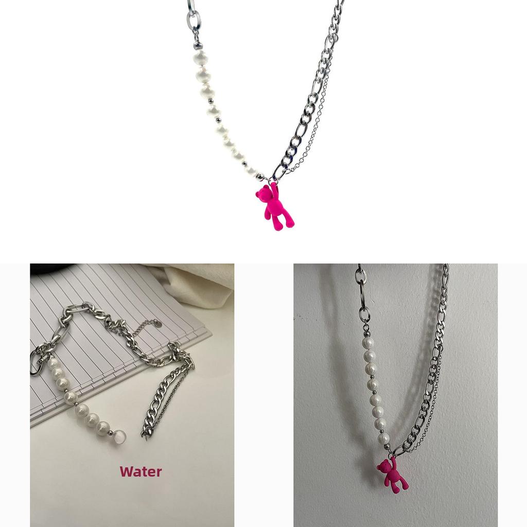 Pink Bear Pendant Necklace For Women Girls Cute Animal Jewelry With Pearl Chain
