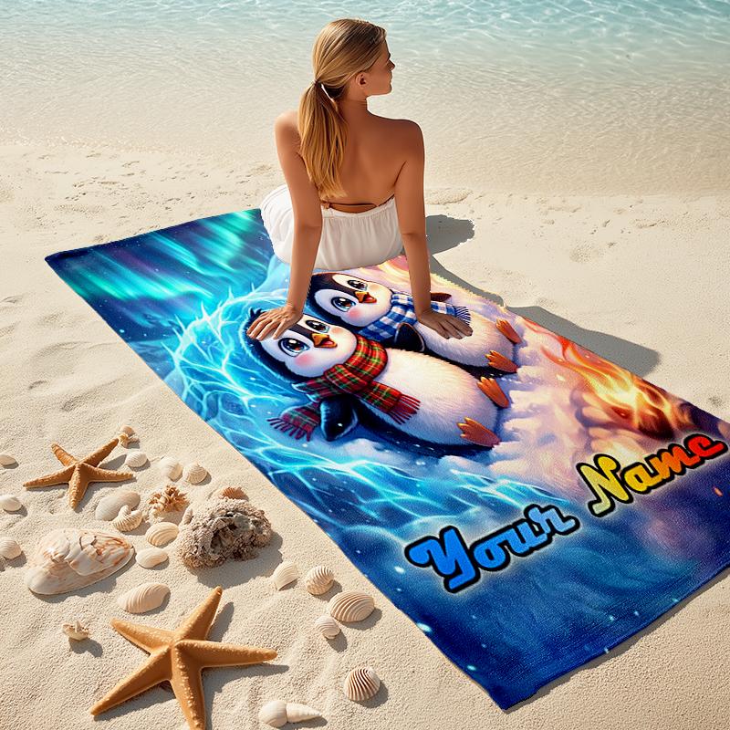 1PC Custom Name Penguins Fire Ice Beach Towel Highly Absorbent And Sand-Resistant Towel for Swimming, Pool, Yoga, And Travel Lightweight