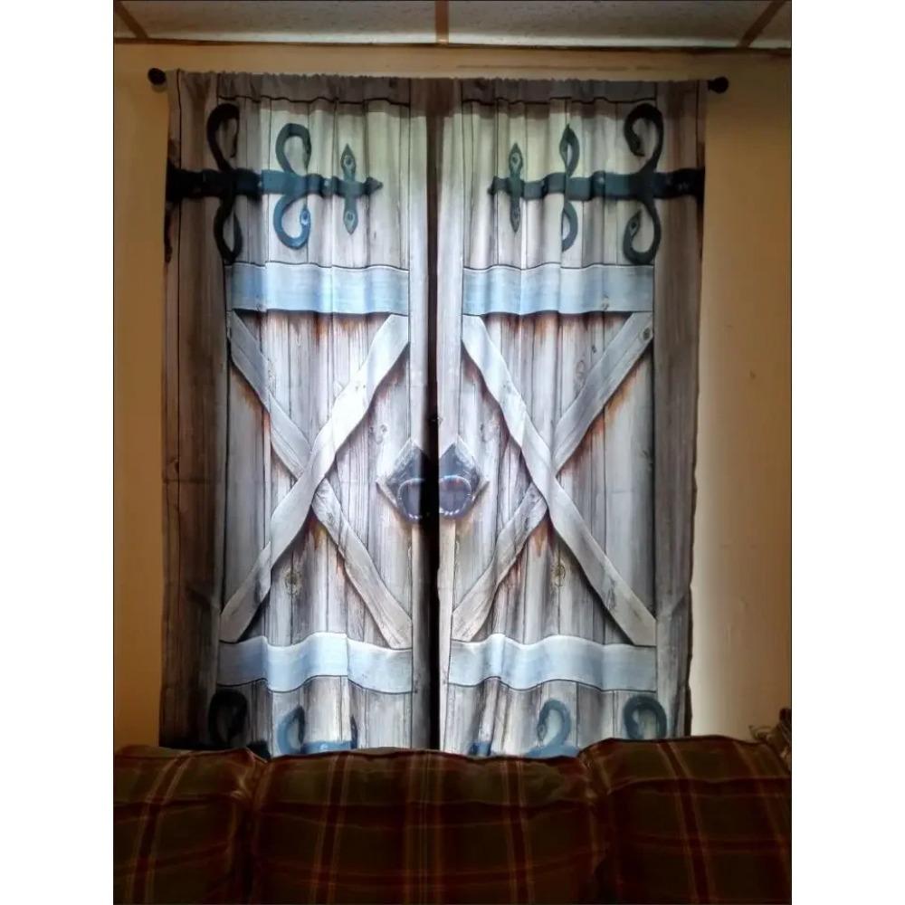 2pcs Retro Simulation Wooden Door Polyester Printed Curtain Grommet Top Window Treatment For Bedroom Office Kitchen Living Room