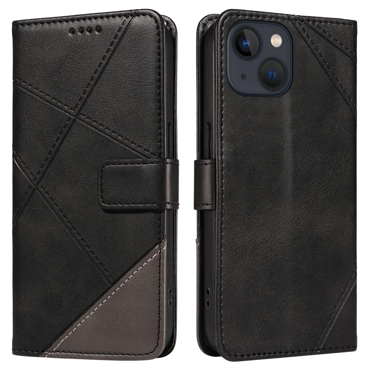 

For iPhone 14 Case Wallet Geometric PU Leather Phone Cover Calf Texture Black