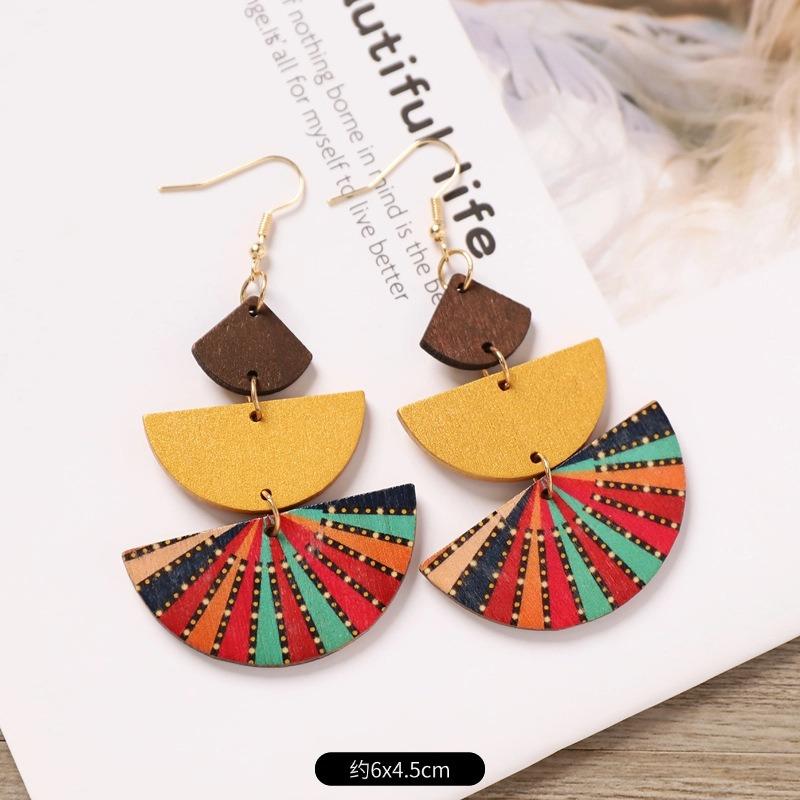 Bohemian Wood Stud Earrings Niche Design Geometric Stripe Print Earrings Femininity Personality Earrings