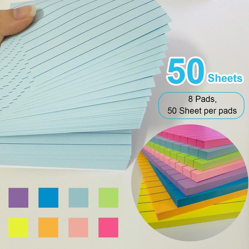 (8 Pads) Lined Sticky Notes 4x4 in Post, 8 Colors Self Sticky Notes Pad Its, Bright Post Stickies Colorful Big Rectangular Sticky Notes Ruled
