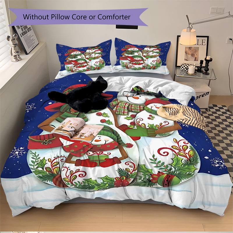 3pcs Christmas Snowman Family Decorative Bedding Set, Includes One Quilt Cover and Two Pillowcases (No Core), Gift for Home Décor, Anime Cartoon