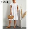HNXC Women's Fashion Summer Spring Solid Color Print O-Neck High Waist Casual Dresses