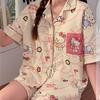 Japanese Princess Style Cartoon Kitty Cat Pajamas Women's Summer Short-sleeved Shorts Cardigan Set Women Ins Loungewear