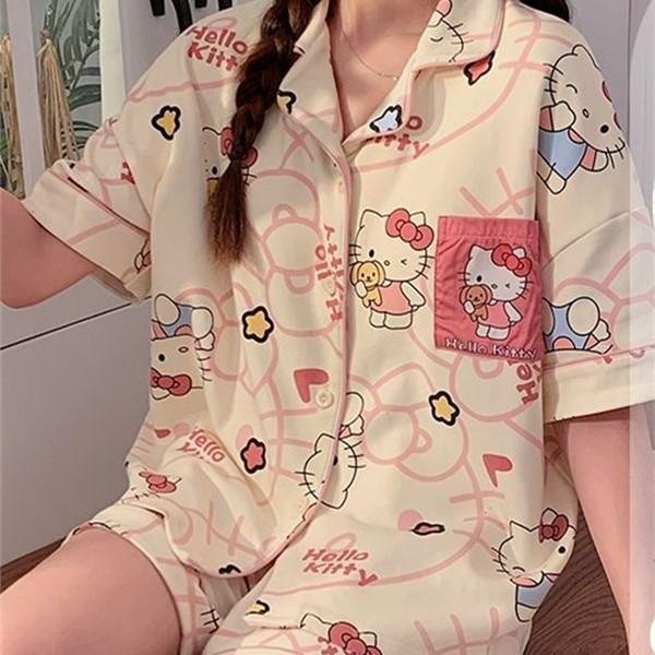 Japanese Princess Style Cartoon Kitty Cat Pajamas Women's Summer Short-sleeved Shorts Cardigan Set Women Ins Loungewear