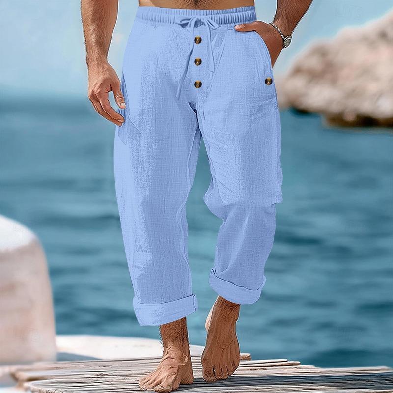 Men Solid Color Linen Loose Drawstring Button Casual Long Pants
